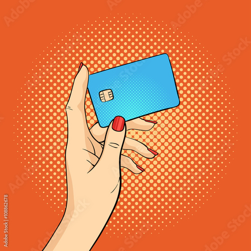 Vector hand drawn pop art illustration of hand holding credit card