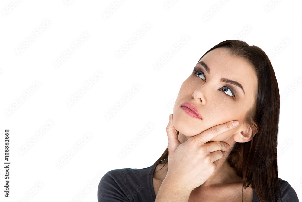Contemplative thinking woman at a white background Stock Image Contemplative thinking woman at a white background Stock Image