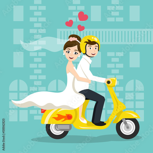 Vector illustration of young happy newlyweds bride and groom  
