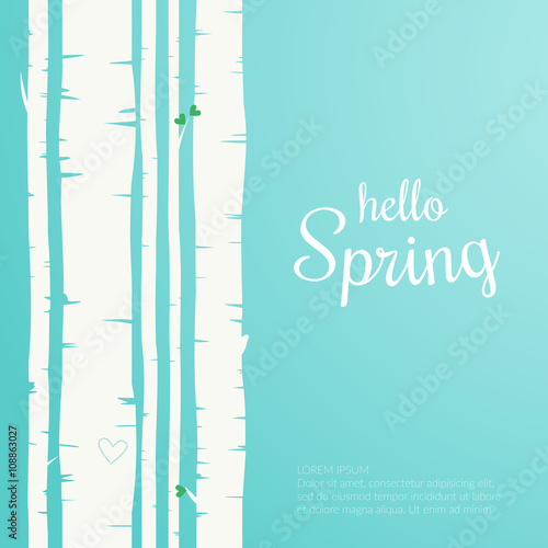 Hello spring lettering. Spring birch forest background. Colorful template greeting card