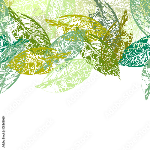 Nahtlose HIntergrundgrafik aus Avocadoblättern mit Textfreifeld