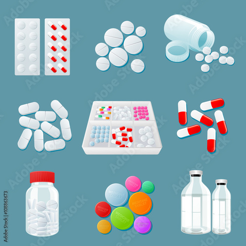 medicaments of various types, set of medical pill, vector Medicine isolated on a colored background, colorful products. Bottles and boxes with colored vitamins. Things to human health.