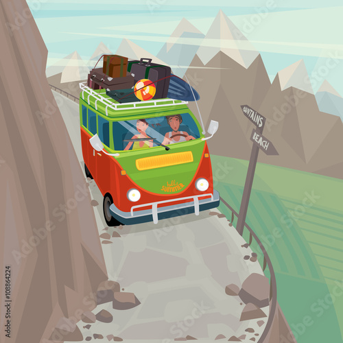 Young couple on funny hippie bus rides very carefully along a narrow mountain serpentine - Exotic holidays or Dangerous journey concept