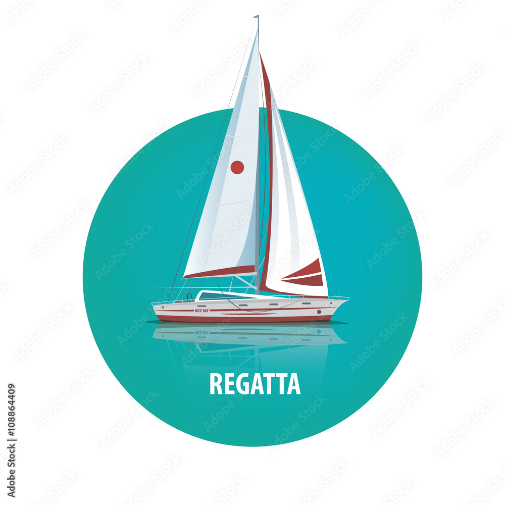 Isolated image of a sailing yacht with reflection in the water in a round white frame. Side view. Signature Regatta