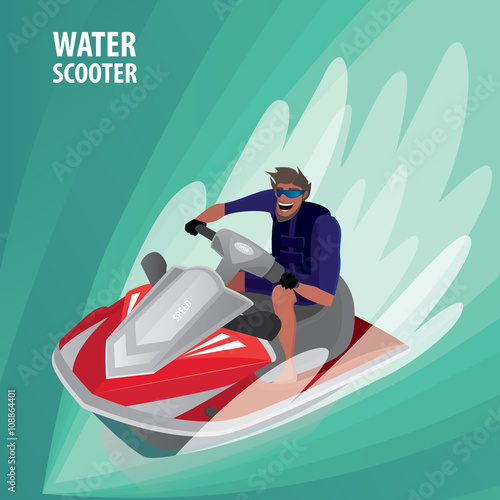 Happy man in blue dive skin rushes on red water scooter - Recreation or sport concept