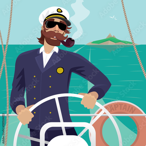 Happy sea captain looks funny with a mustache and a pipe standing on the deck of the ship and rotates ship steering wheel. Sunny weather - Profession or Sailor concept
