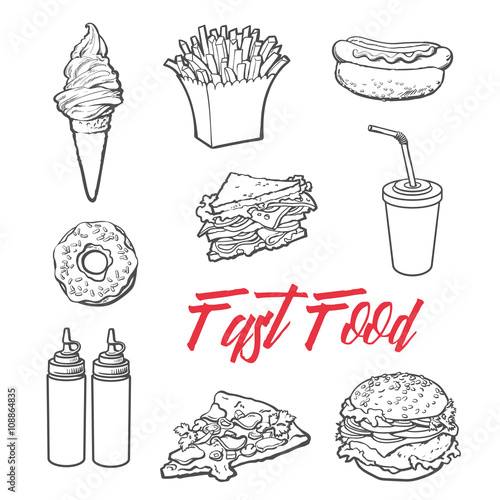 set fast food meal, vector sketch hand-drawn elements of fast food, ice cream burger, sandwich, soda lemonade, ponchos, pizza hot dog french fries, sauces, ketchup and mustard, fast food ready icons