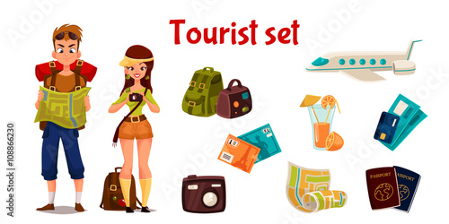 set travel concept summer vacation on the beach, cartoon tourists go hiking in travel between countries, vacation, set of vector elements of icons, card, ticket, airplane, passport, beach stuff, plane