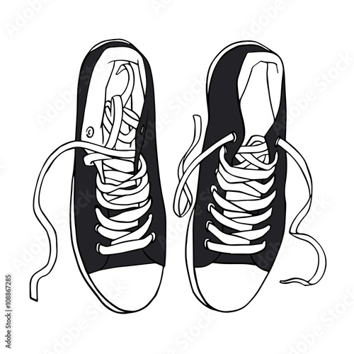 Vector black sports sneakers with white laces isolated 