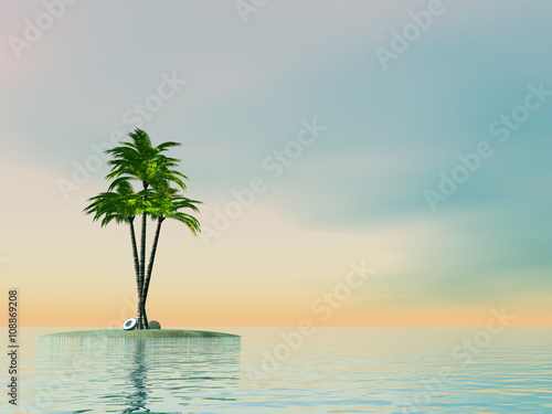 Palm trees on an island in middle of the ocean - 3D render