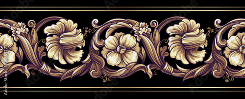 Vector illustration. Beautiful seamless floral border. Interwined flowers on black background