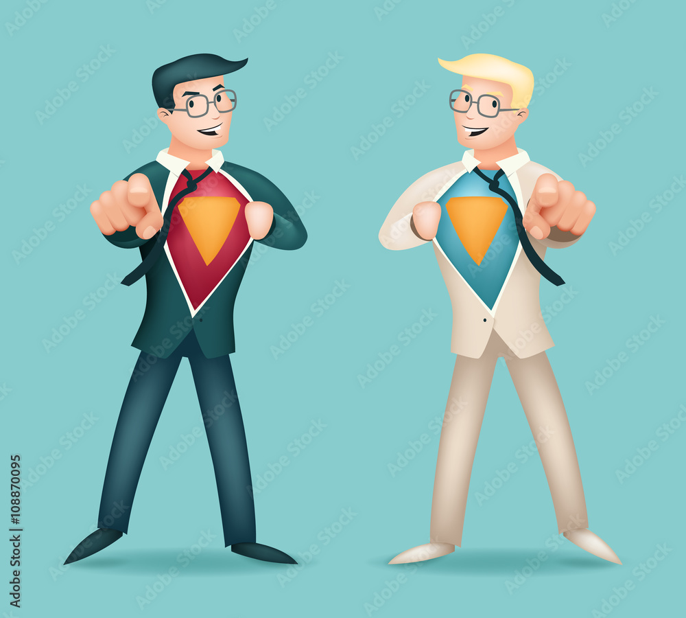 Superhero Suit under Shirt Happy Smiling Businessman Turns in Icon Stylish Background Retro Cartoon Design Vector Illustration