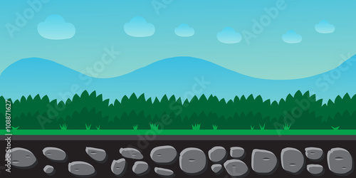 Nature landscape, background for games, trees, mountains.