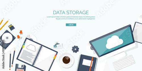 Vector illustration. Workplace, table with documents, computer. Flat cloud computing background. Media, data server. Web storage.CD. Paper blank. Digital technologies. Internet connection.