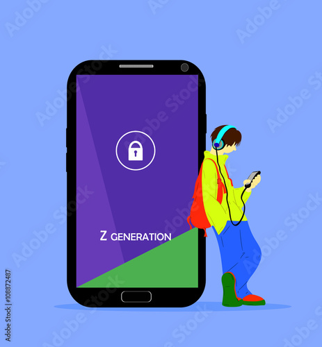 Z generation illustration. Teenage boy with a phone and headphones, standing near the big smartphone.