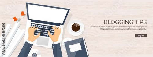 Vector illustration.  Flat laptop with hands. Tell your story. Author. Blogging. Message. Wooden texture, wood.