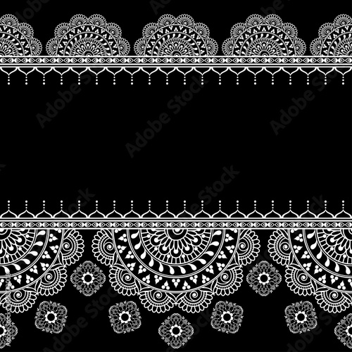 Seamless pattern borders with Indian floral elements and lace lines in mehndi style for card and tattoo isolated on black background.
