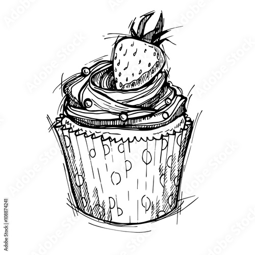 Hand drawn vector illustration - Sweet cupcake with strawberry.