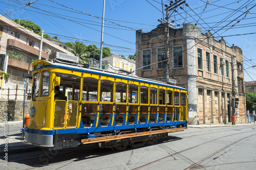 Old-fashioned bonde tram stands empty on the streets of Santa Teresa in Rio de Janeiro, Brazil 