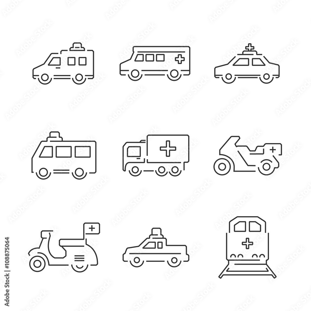 Line Icons Medical Ambulance car and train set icons Line Icons Medical Ambulance car and train set icons