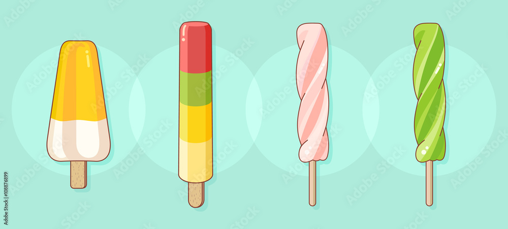 Set of colorful tasty isolated ice cream at a turquoise background. Several types of multi-colored fruit juice on wooden sticks. Vector Illustration. Set of colorful tasty isolated ice cream at a turquoise background. Several types of multi-colored fruit juice on wooden sticks. Vector Illustration.