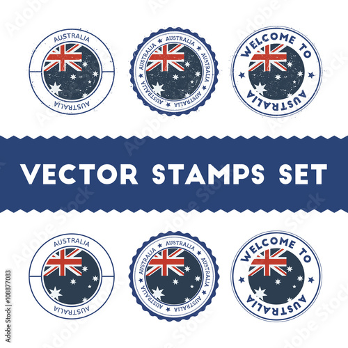Australian flag rubber stamps set. National flags grunge stamps. Country round badges collection.