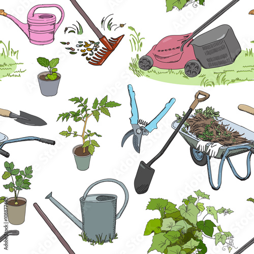 Seamless pattern of garden tools and equipment, color sketck style. Rake, lawnmower, secateurs, wheelbarrow, water cans, potted plants. Vector illustration. photo