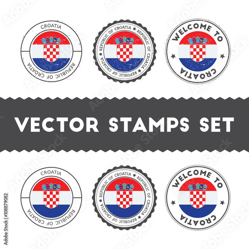 Croatian flag rubber stamps set. National flags grunge stamps. Country round badges collection.
