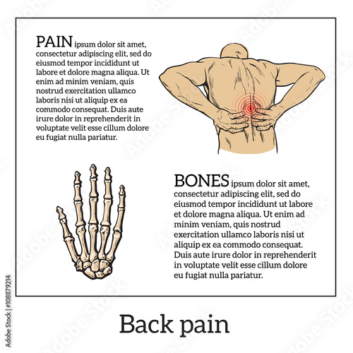Lumbar pain in a man back pain in a human vector outline sketch, color illustration with concept of disease back, violation of waist, lumbar vertebrae and intervertebral discs