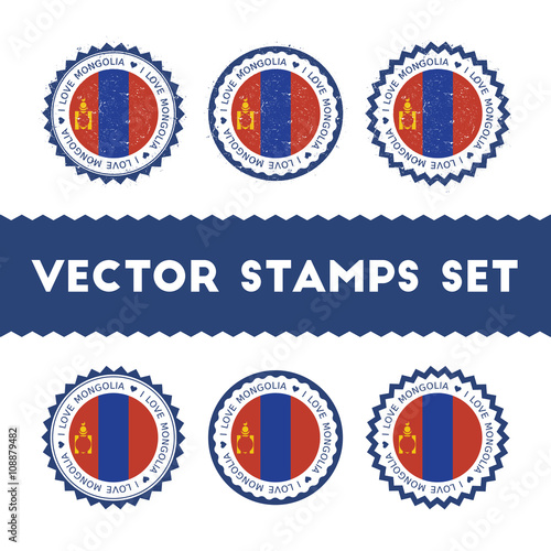 I Love Mongolia vector stamps set. Retro patriotic country flag badges. National flags vintage round signs.