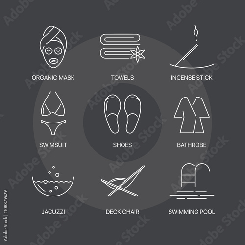 Premium spa thin line icons set on dark background. Exceptional elegant linear logo concept. 
Exclusive outline sign vector illustration.