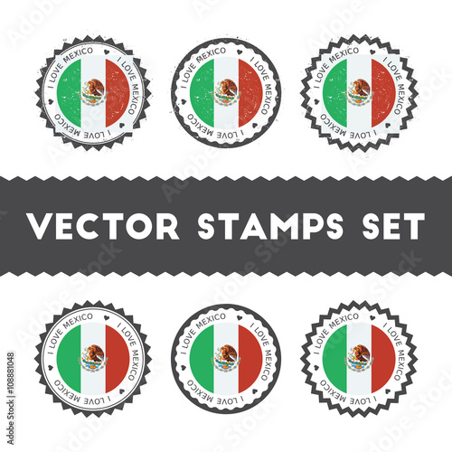 I Love Mexico vector stamps set. Retro patriotic country flag badges. National flags vintage round signs.