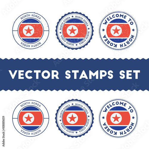 North Korean flag rubber stamps set. National flags grunge stamps. Country round badges collection.