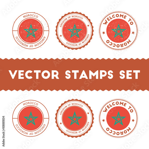 Moroccan flag rubber stamps set. National flags grunge stamps. Country round badges collection.
