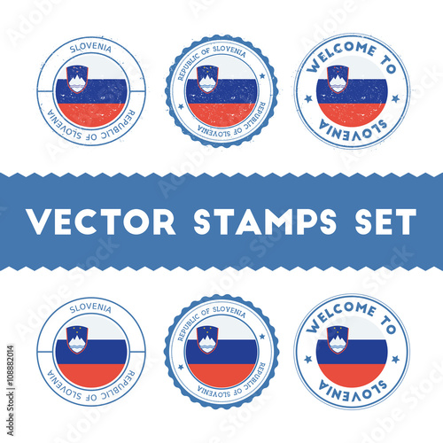 Slovene flag rubber stamps set. National flags grunge stamps. Country round badges collection.