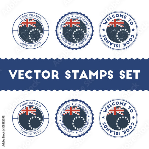 Cook Islander flag rubber stamps set. National flags grunge stamps. Country round badges collection.