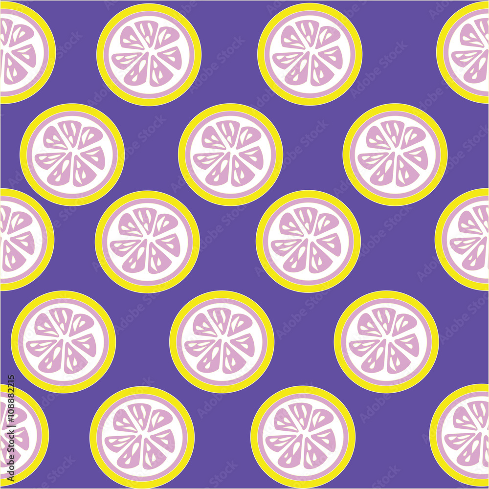 Pink lemon slices seamless on purple background with clipping ma