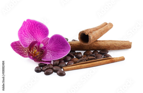Coffee and orchid isolated on a white background