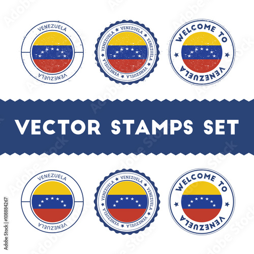 Venezuelan flag rubber stamps set. National flags grunge stamps. Country round badges collection.