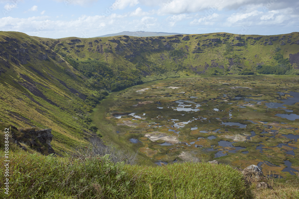Caldera of the extinct volcano Rano Kau within the UNESCO World Heritage Site of Rapa Nui National Park on Easter Island.