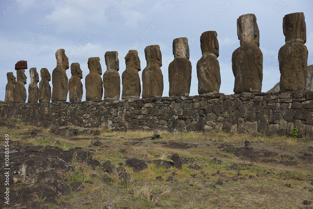 Ahu Tongariki. Ancient Moai statues on the coast of Rapa Nui (Easter Island)