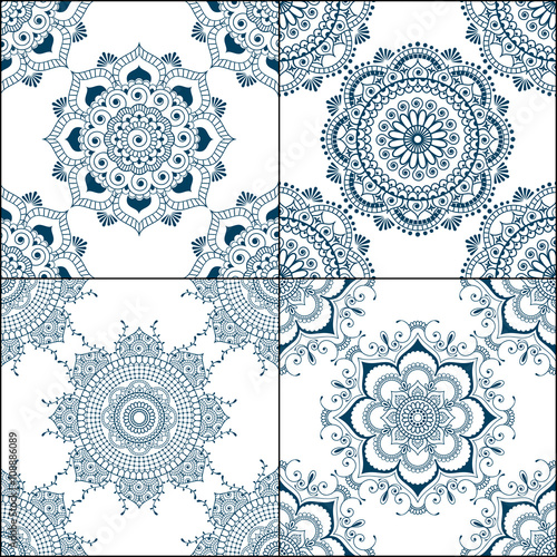 Set of seamless indigo patterns in blue for floor tiles, ornamental collection for glazed ceramic. Vintage Illustration