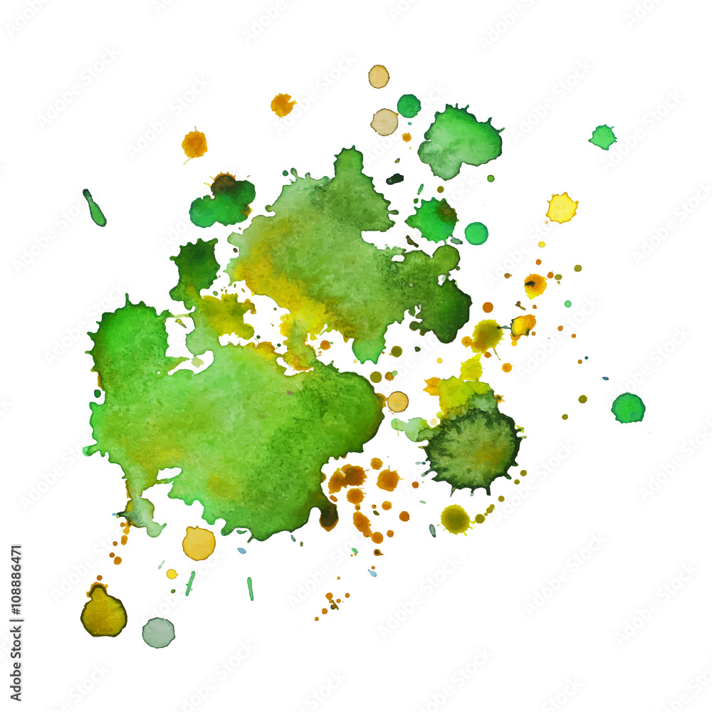 expressive watercolor spot blotch with splashes green yellow color. 