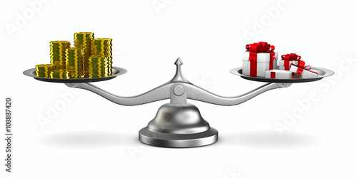 Gift box and cash on scale. Isolated 3D image