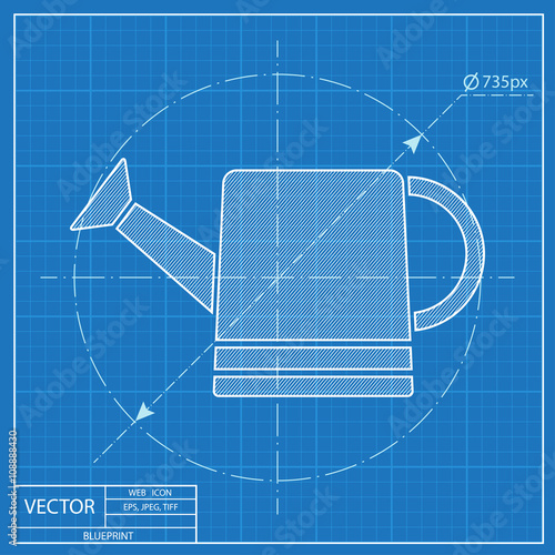 Watering can vector icon. Blueprint style