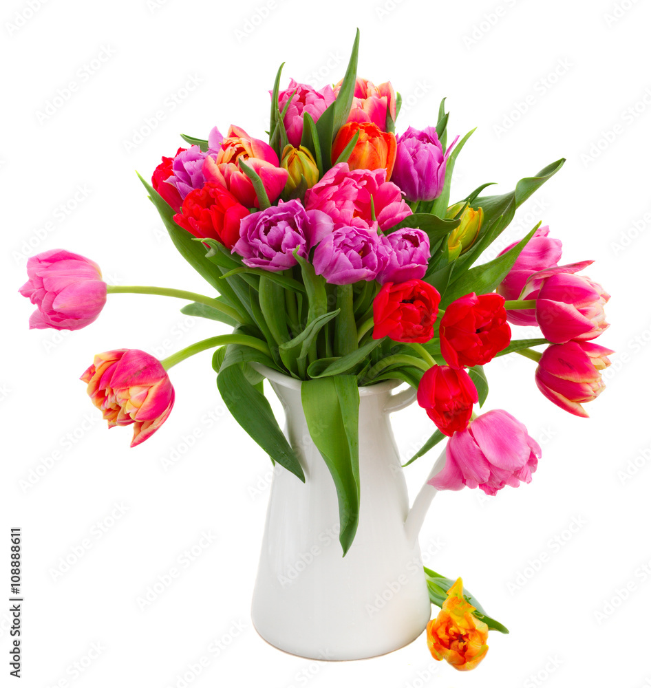 bouquet of  pink, purple and red  tulips