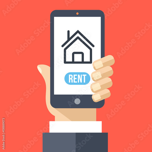 Rent house app on smartphone screen. Renting service. Creative flat design vector illustration