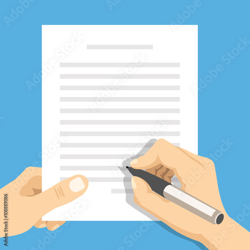 Hands holding sheet of paper with text and pen. Flat vector illustration