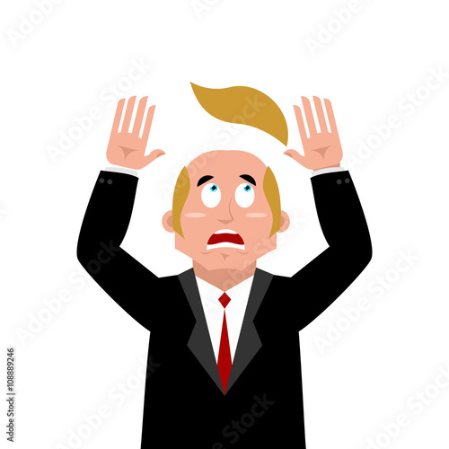 Man and wig. Scared businessman lost their hair. Artificial hair