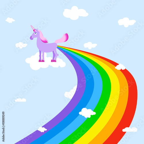 Unicorn pooping rainbows. Fantastic animal in sky. White clouds.